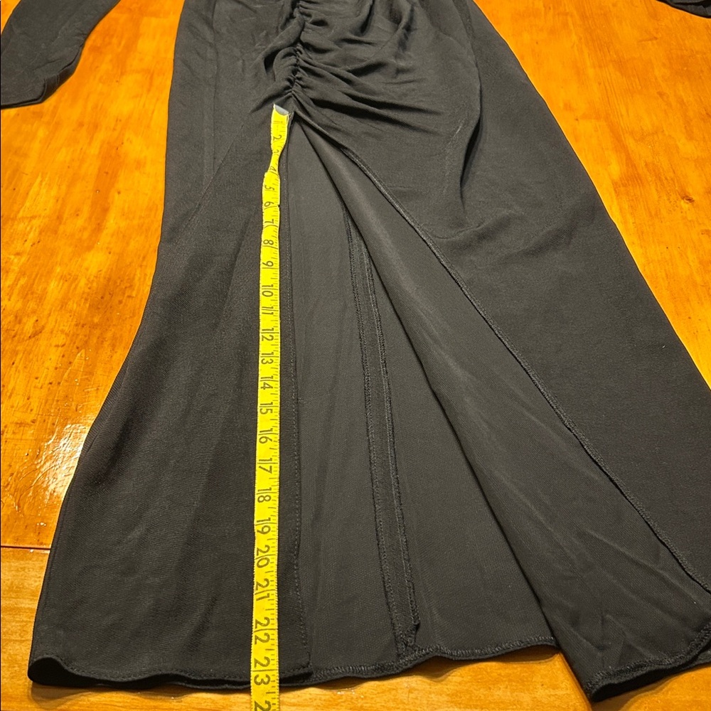 Zara Black Draped Sheath Long Sleeve Ruched Mock Neck Dress with Side Slit Glam - Picture 8 of 14